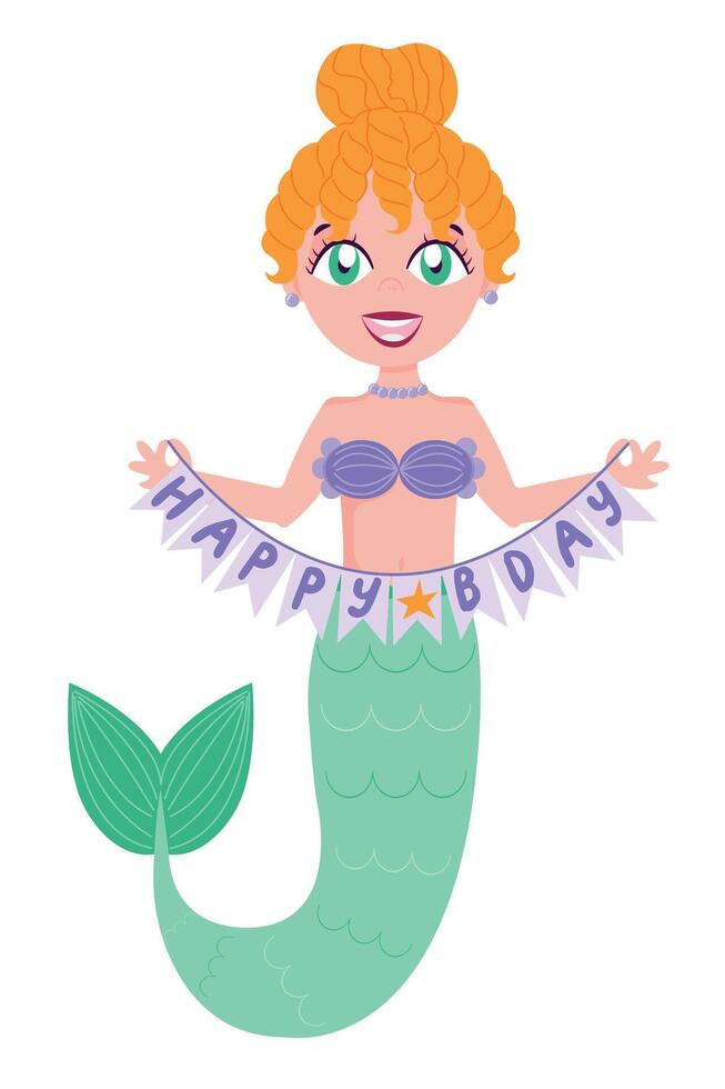 Childrens magic element. Cute mermaid congratulates happy birthday Cartoon illustration in flat style isolated on a white background. For print, design, poster, sticker, card, decoration. vector