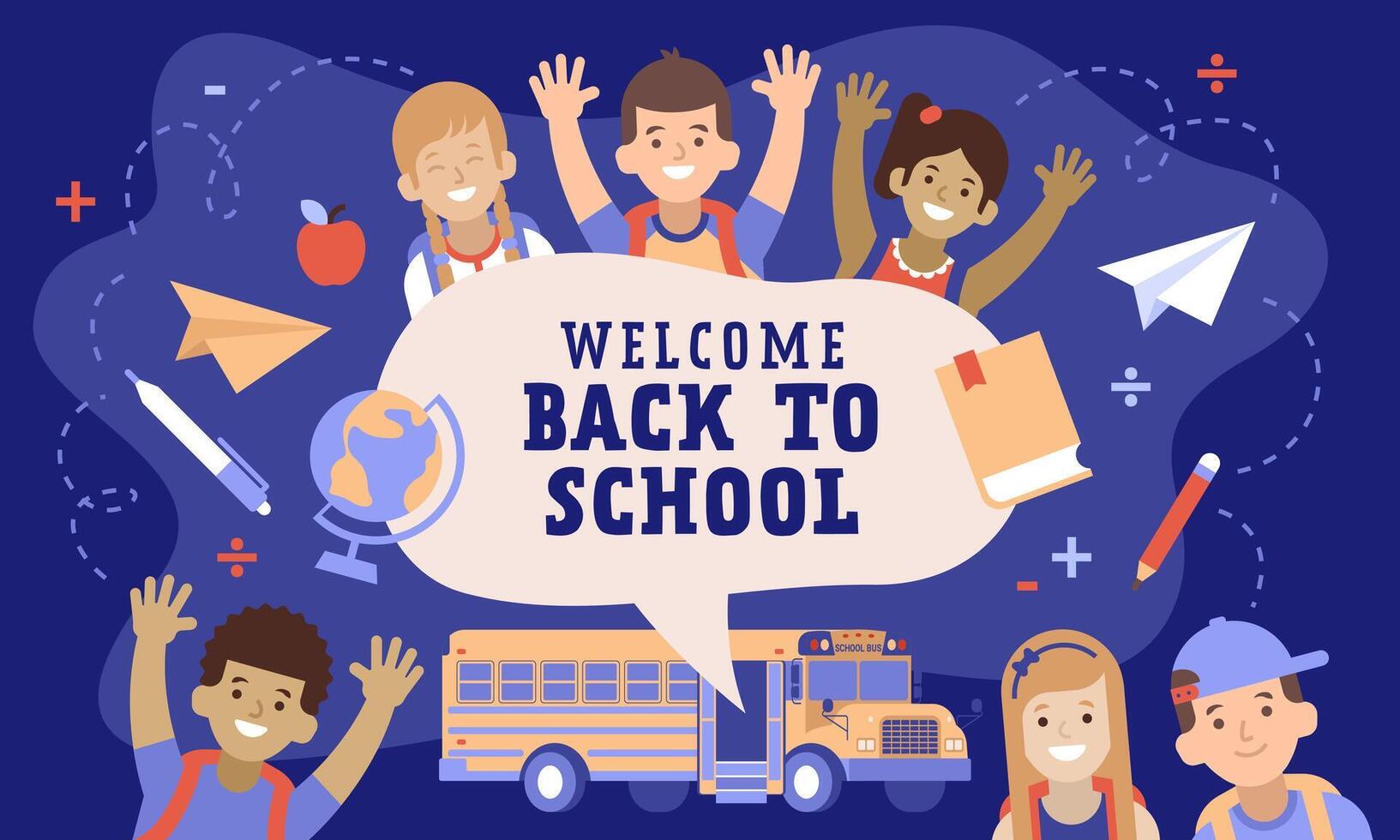 Back to school banner template with kids and bus. vector