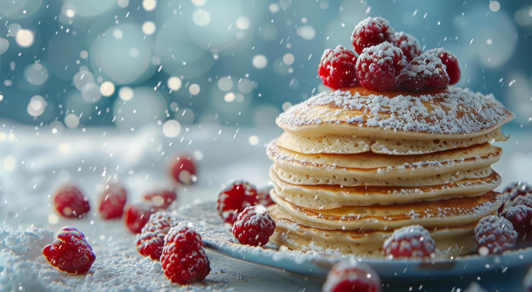 Stack of Pancakes With Powdered Sugar and Raspberries photo