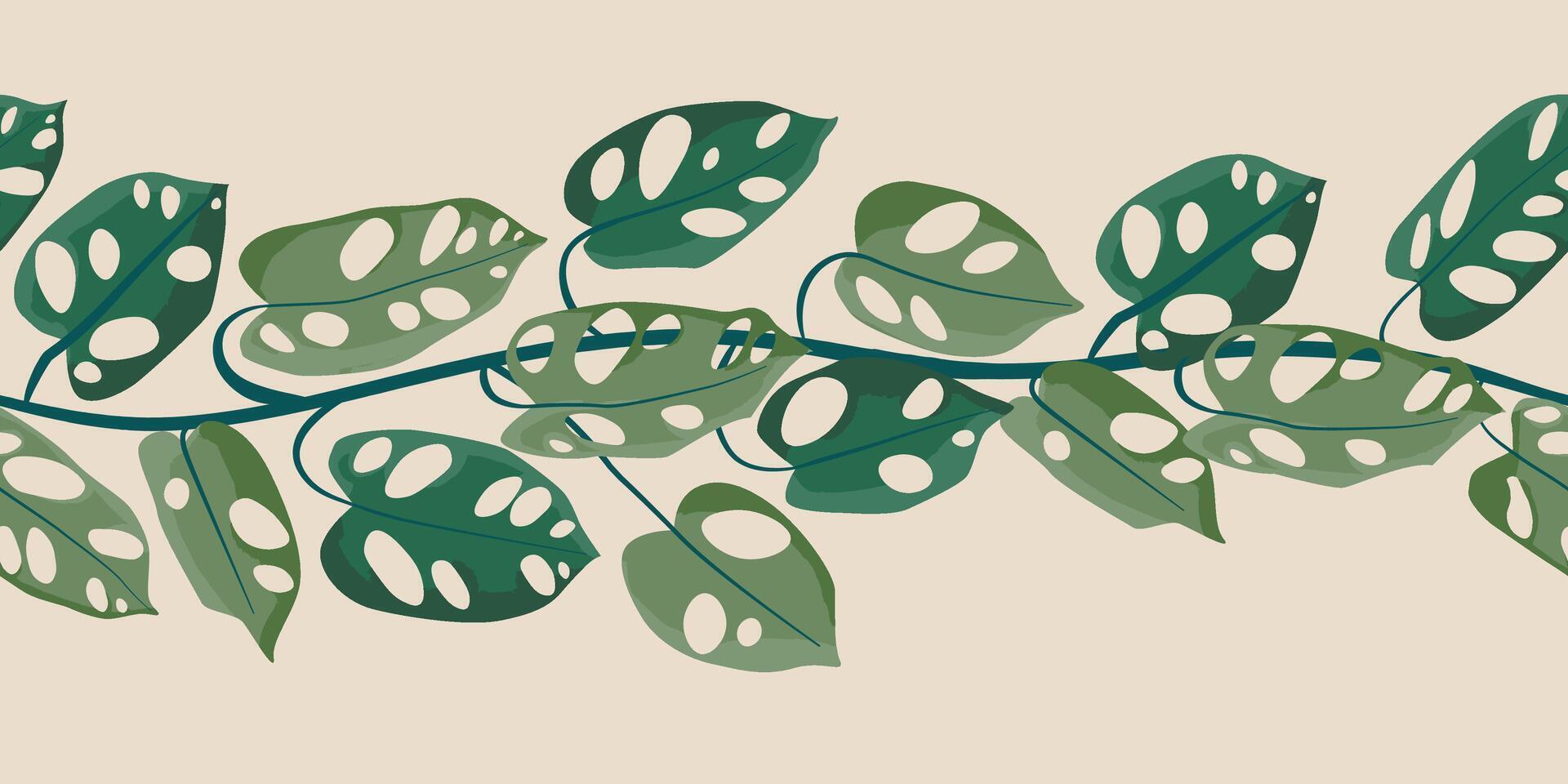 Monstera plant branch seamless pattern illustration. Horizontal background. Flat cartoon icon illustration of house plant isolated. vector