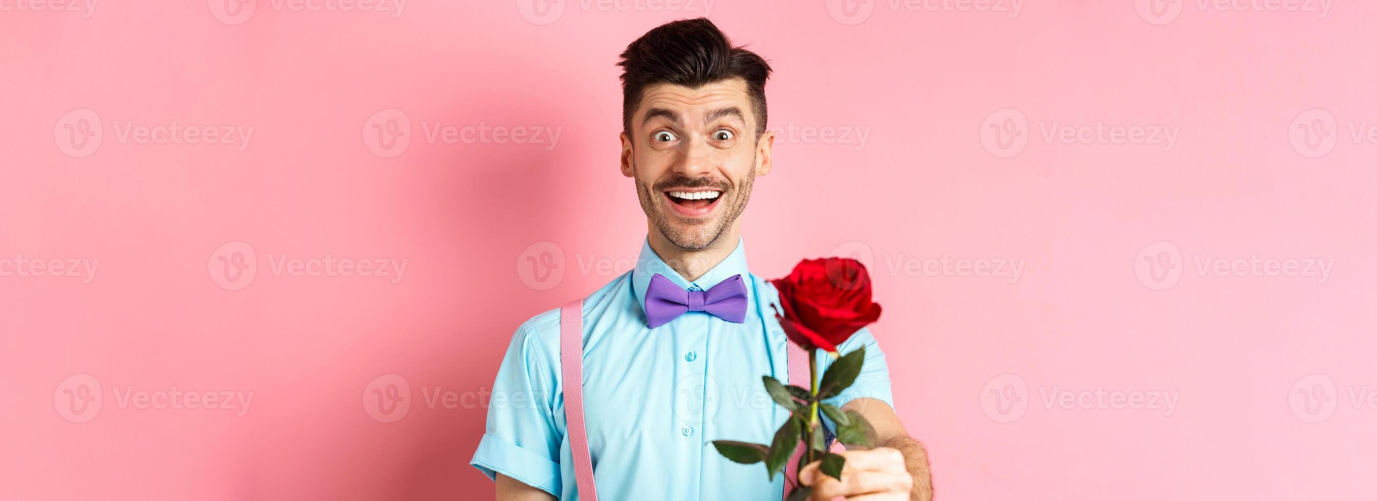 Valentines day and romance concept. Happy smiling man giving you red rose on romantic date, standing on pink background in bow-tie and shirt photo