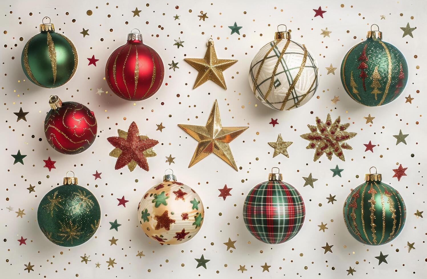 A Festive Arrangement of Christmas Ornaments in Red, Green, and Gold photo