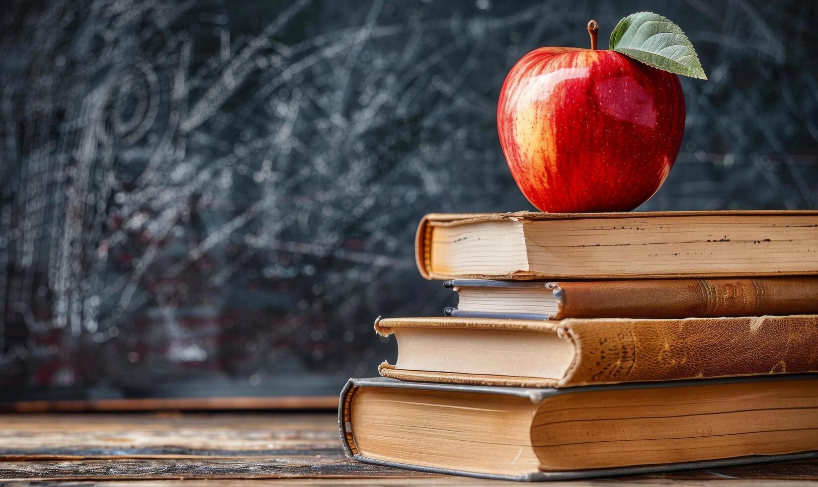 Stack of Books With Red Apple in Front of Chalkboard photo