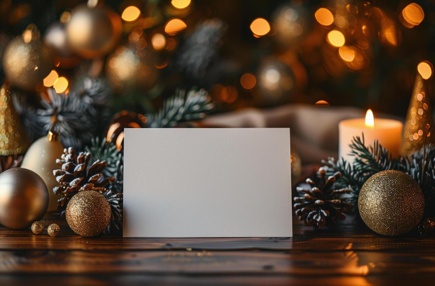 Festive Christmas Decorations With Burning Candle and Blank Card on Rustic Wooden Table photo