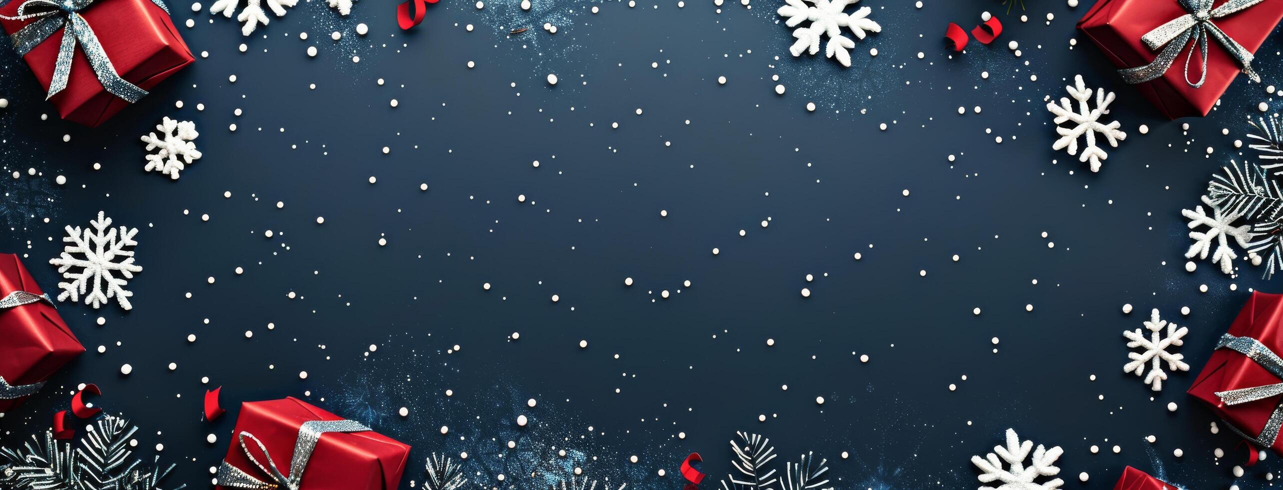Festive Christmas Background With Red Presents, Snowflakes, and Pine Branches on Blue photo