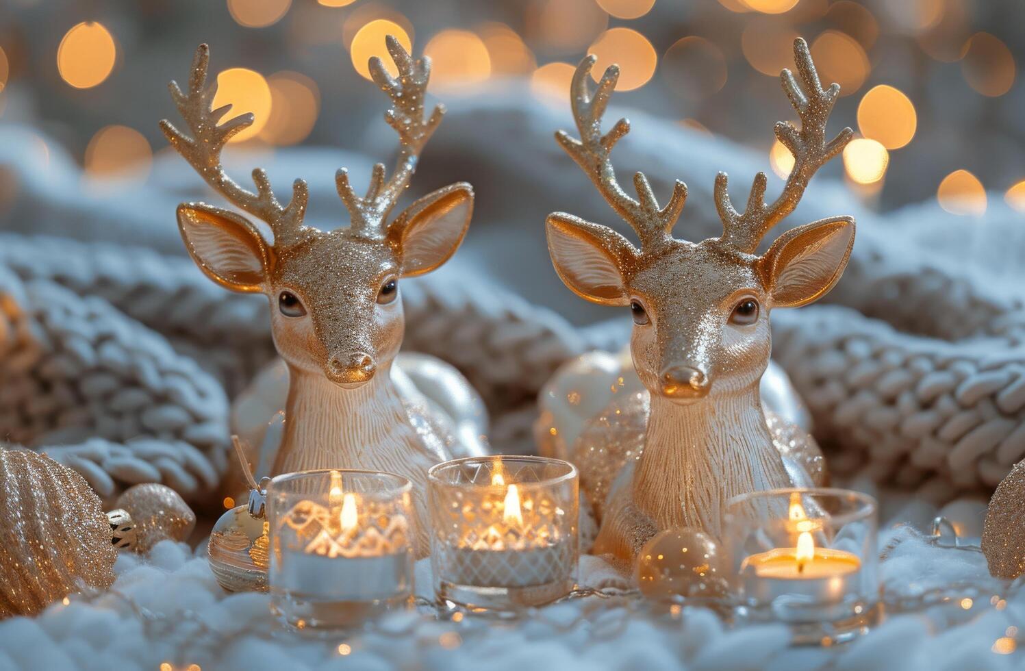 Golden Reindeer Decor With Lit Candles on Knit Blanket photo