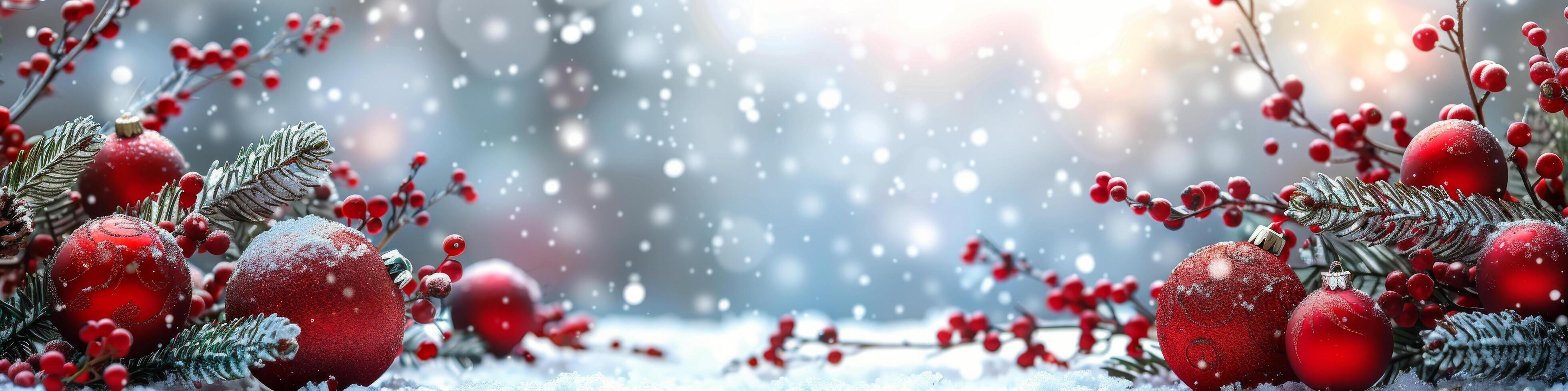 Festive Red Ornaments and Evergreen Branches Against a Sparkling Blue Background photo