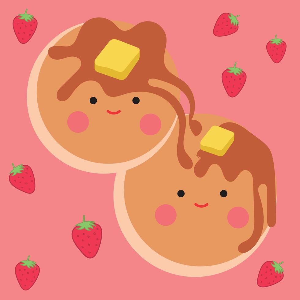 Hotcakes with a happy face pair of pancakes with butter and honey on top pink background and hearts around vector
