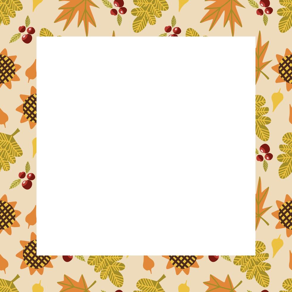 Fall season decorative frame with hand drawn autumn leaves and mushrooms. vector