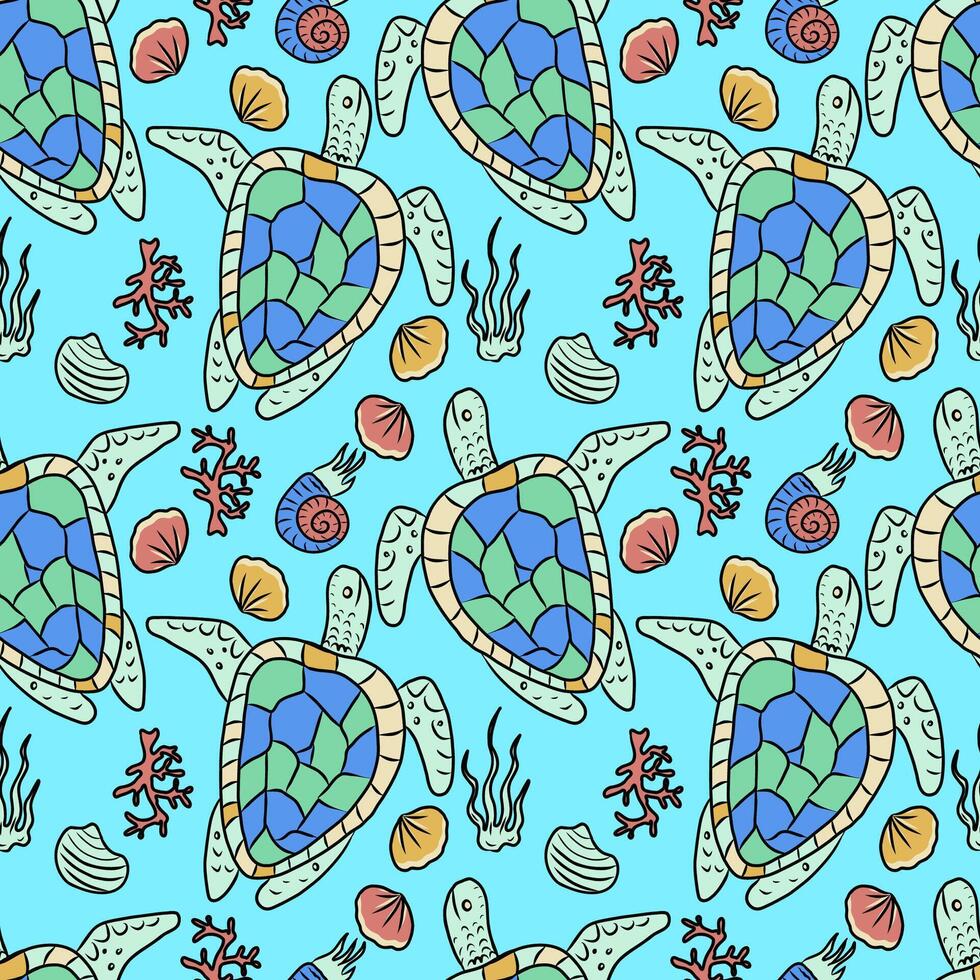 Hand drawn seamless pattern with sea turtle and seashells.Underwater life theme. vector