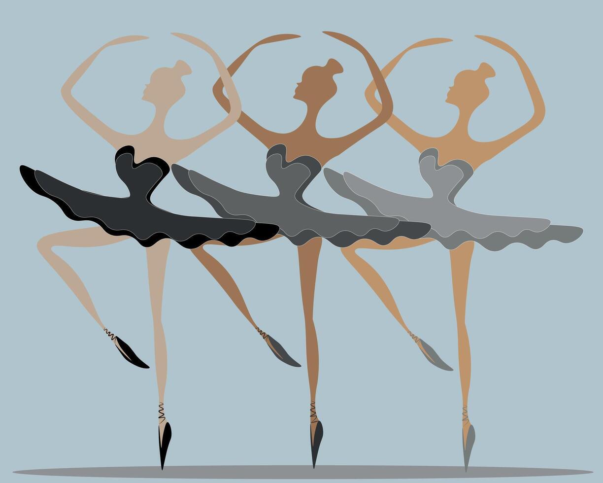 three beautiful ballerinas. Three gentle Ladies in a tutu are elegant and graceful in the flight of the dance. The beauty of ballet vector