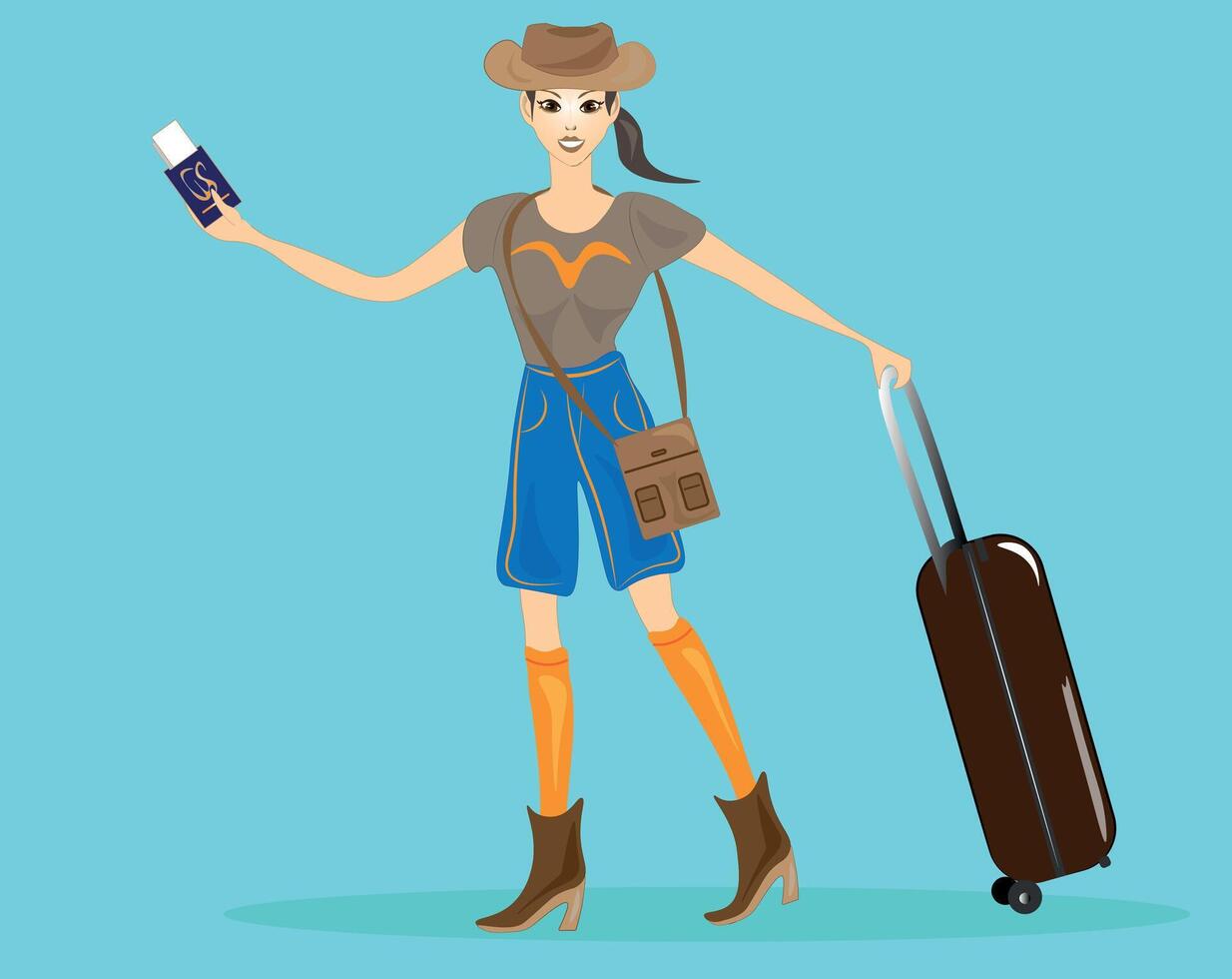 Illustration of a charming travel lady.Smiling Lady holds a passport with plane tickets in her hand. Her suitcase is full of necessary things. She is ready for adventure vector