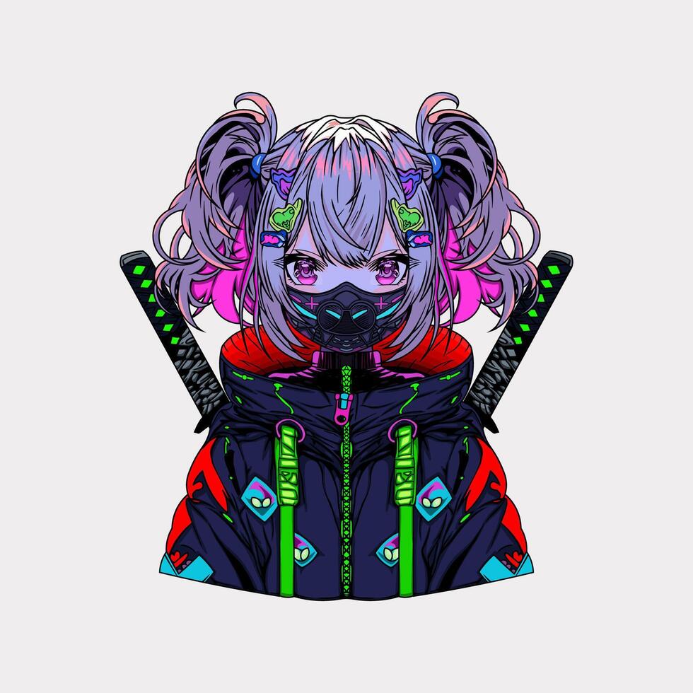 cyberpunk girl anime illustration vector