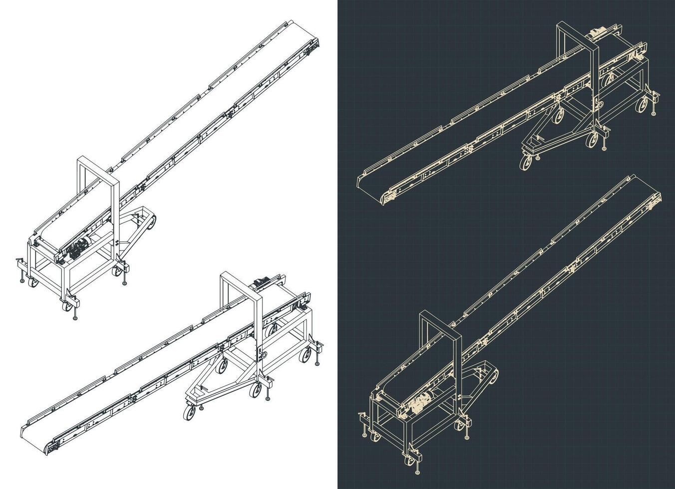 Inclination loading conveyor isometric blueprints vector