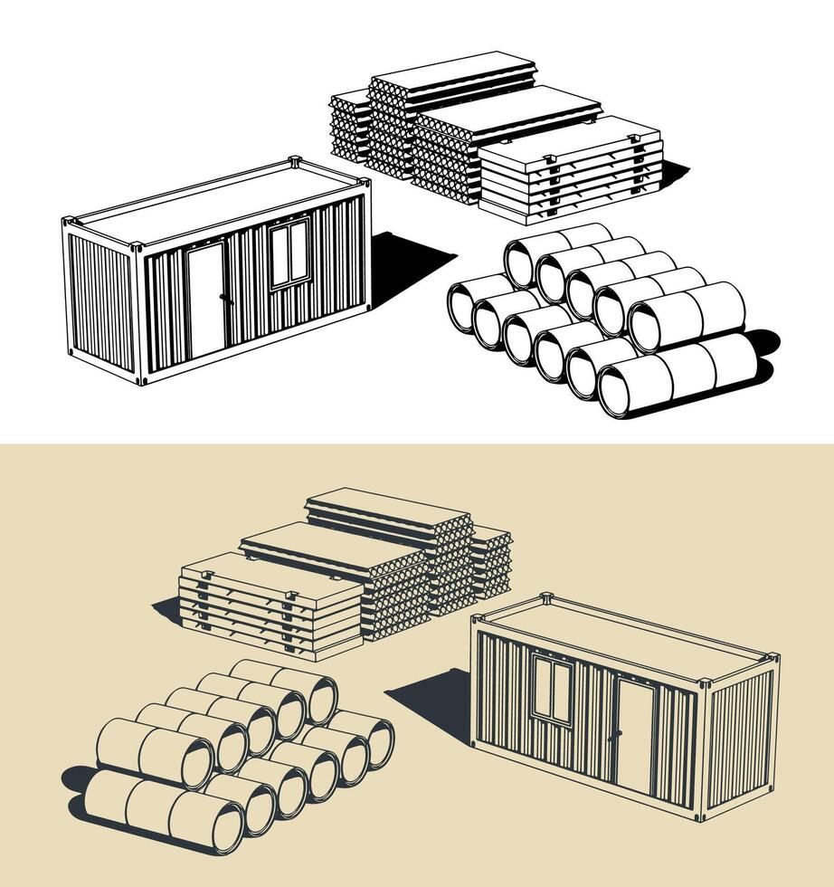 Construction site with building materials illustrations vector