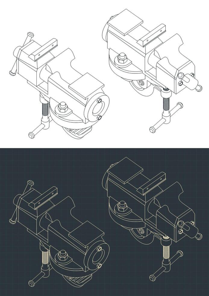 Bench vice isometric blueprints vector