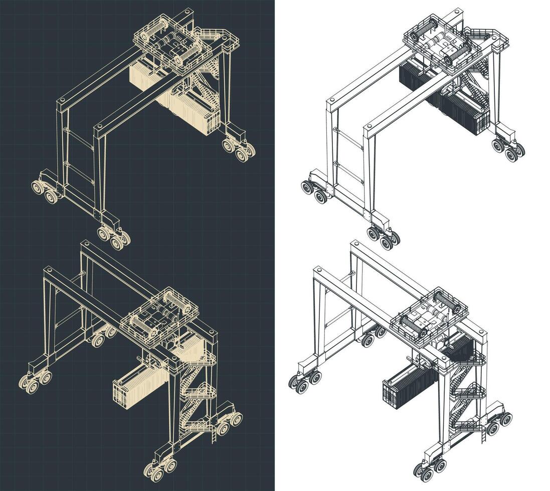 Rubber-tired overhead gantry crane isometric blueprints vector