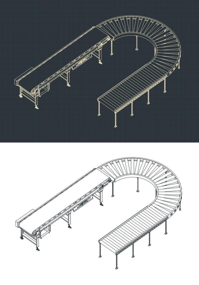 Roller and belt conveyors isometric blueprints vector