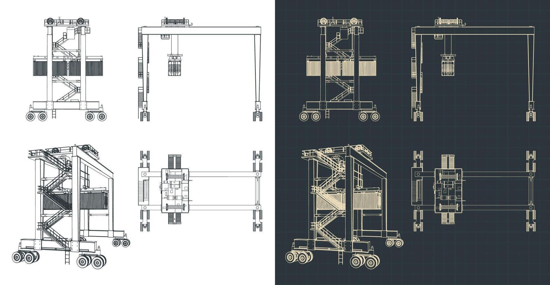 Rubber-tired overhead gantry crane blueprints vector