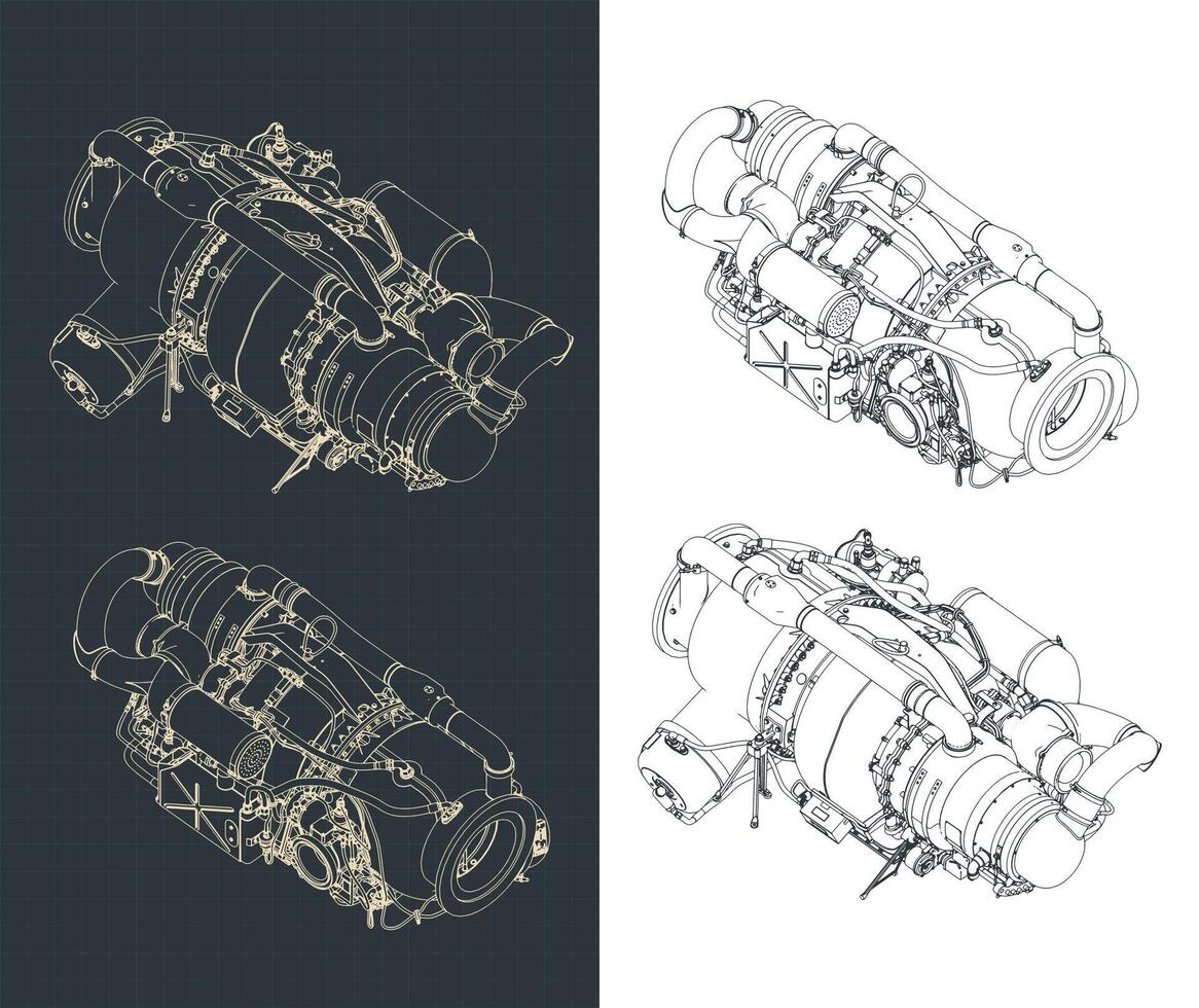 Aircraft gas turbine engine APU isometric blueprints vector
