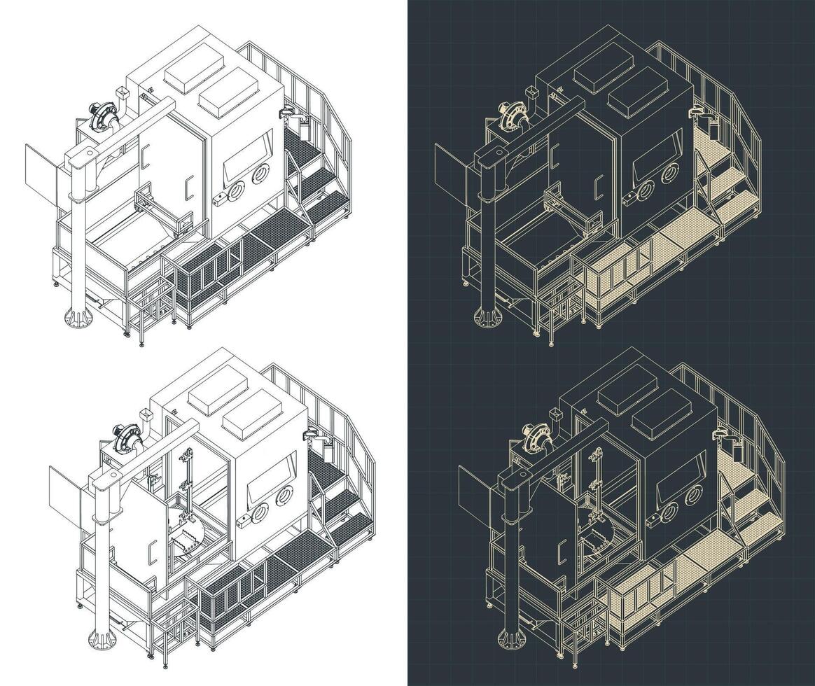 Sand blasting machine isometric blueprints vector