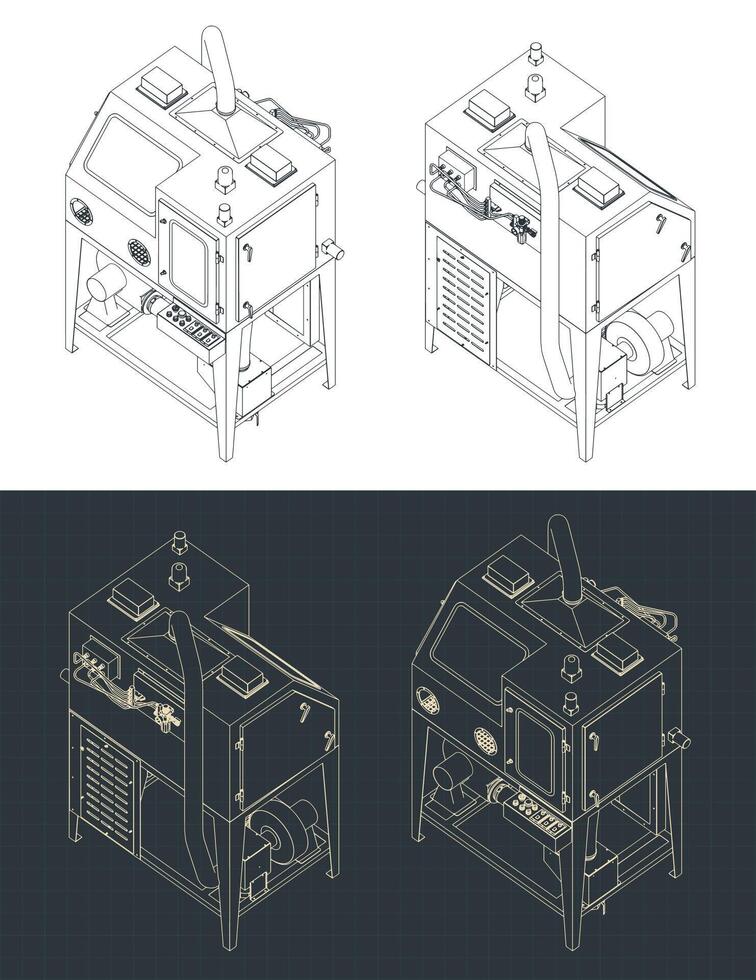 Auto rotary sand blasting machine isometric blueprints vector