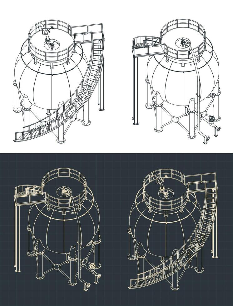 Spherical storage tank isometric blueprints vector