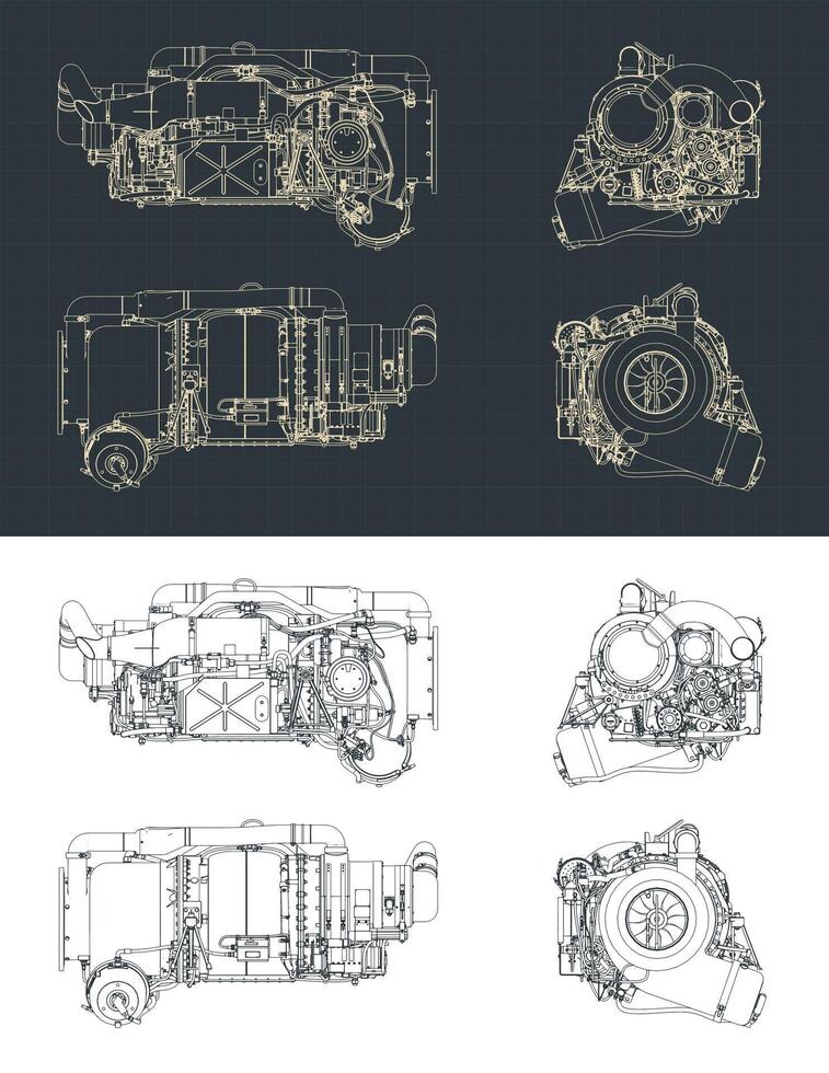 Aircraft gas turbine engine APU blueprints vector