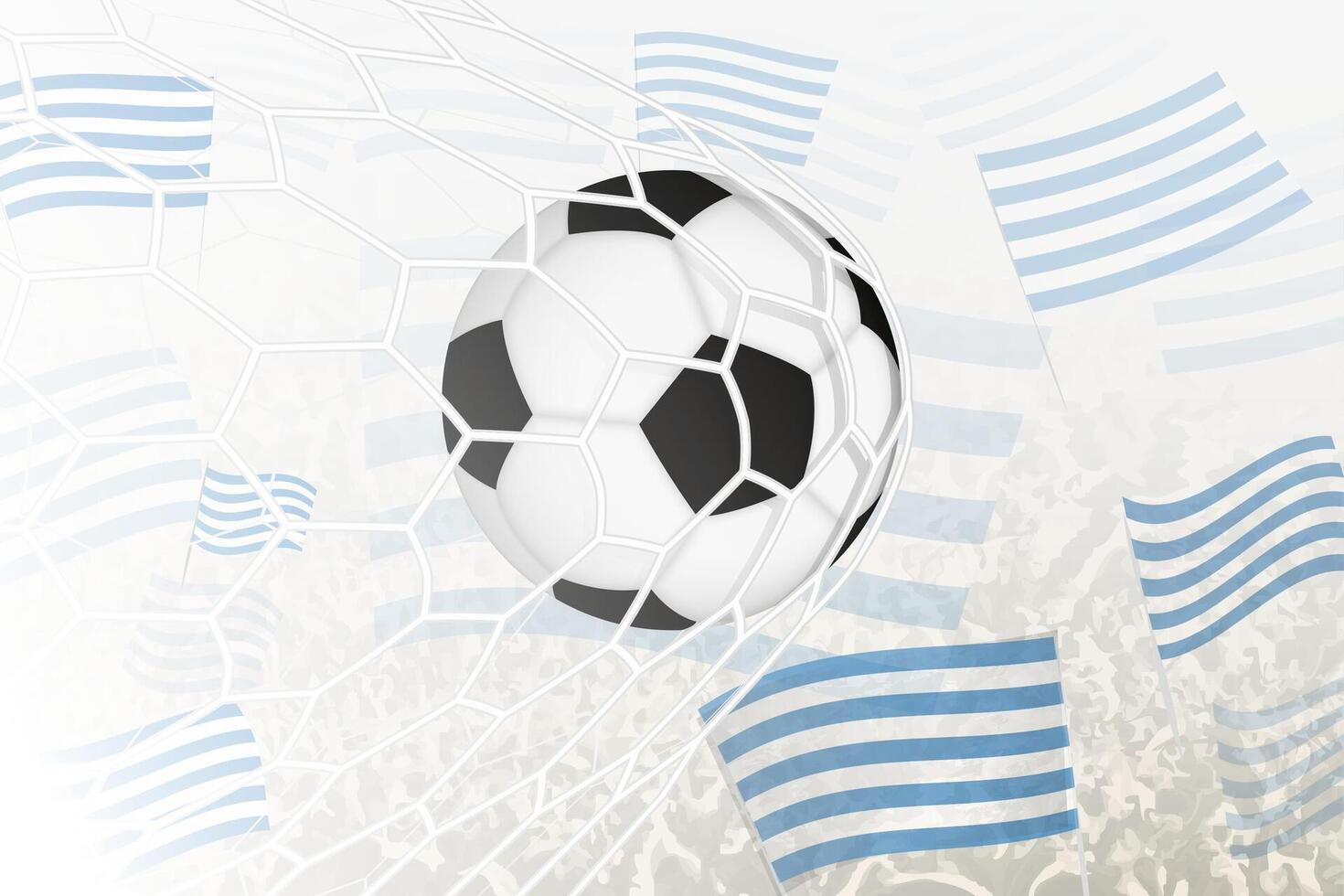 Soccer ball in the net with the blue and white football club flag on background. vector