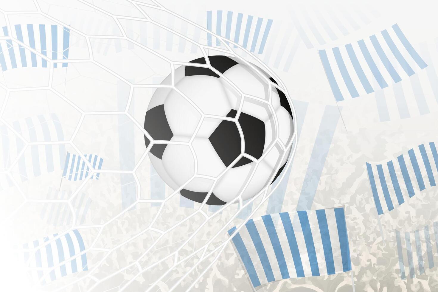 Football ball in goal net on crowd background with blue and white vertical stripes club flag. vector