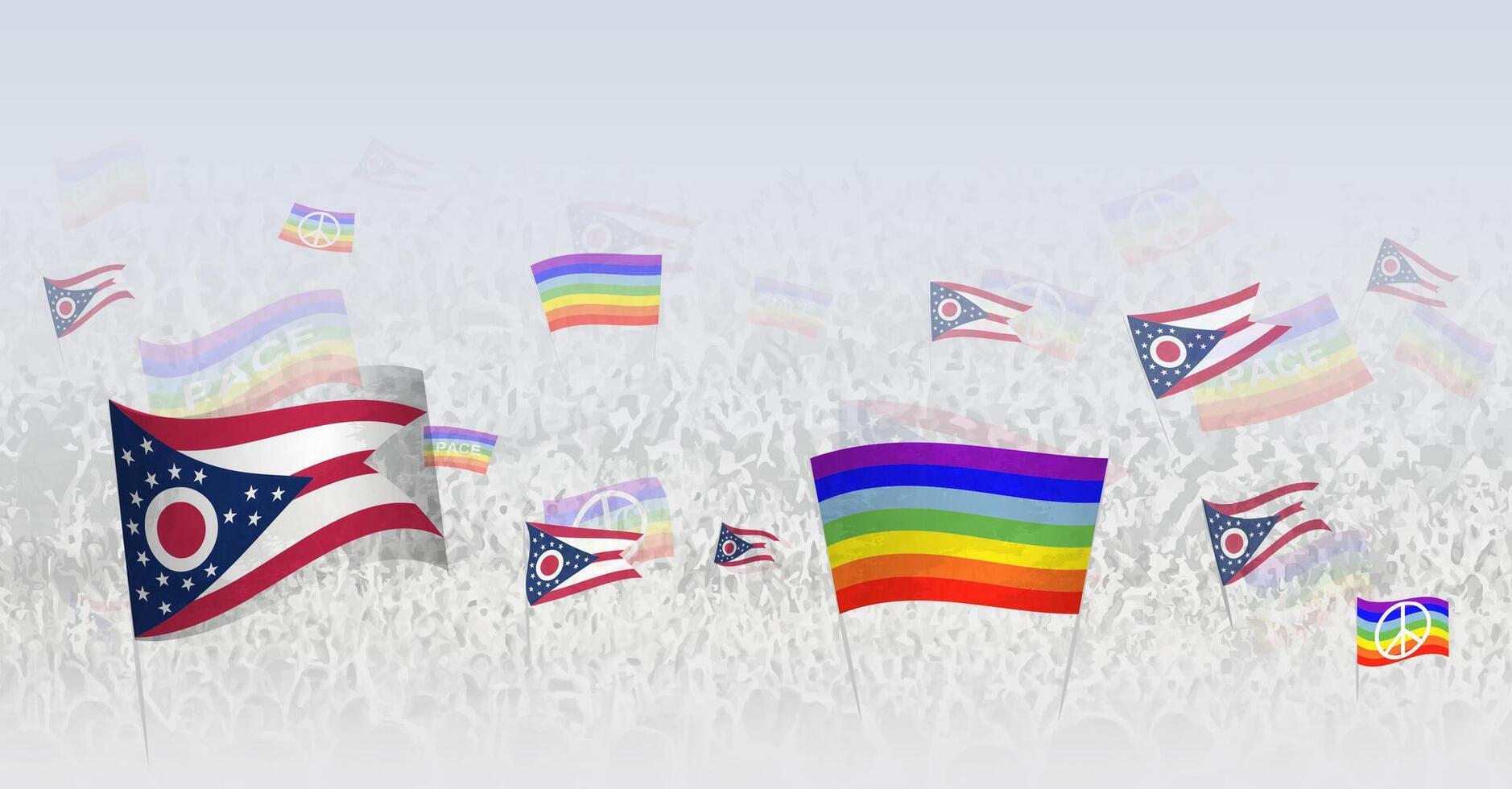 People waving Peace flags and flags of Ohio. Illustration of throng celebrating or protesting with flag of Ohio and the peace flag. vector