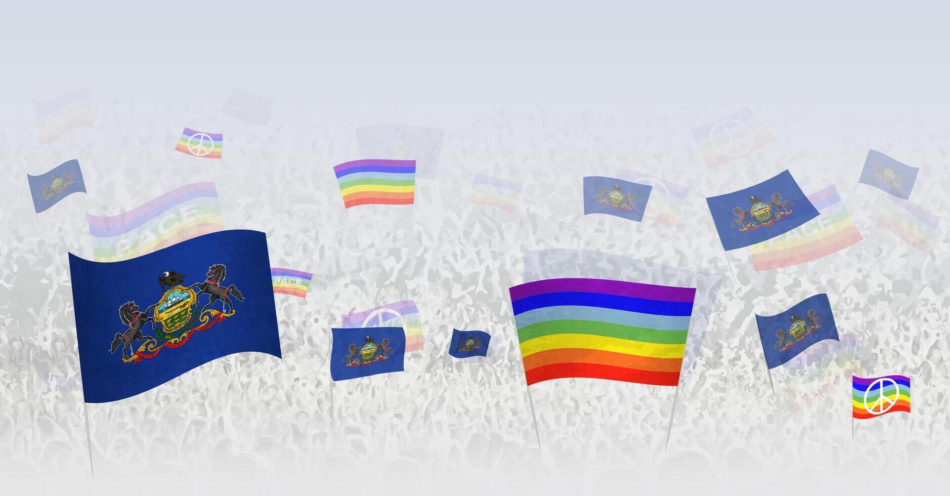 People waving Peace flags and flags of Pennsylvania. Illustration of throng celebrating or protesting with flag of Pennsylvania and the peace flag. vector