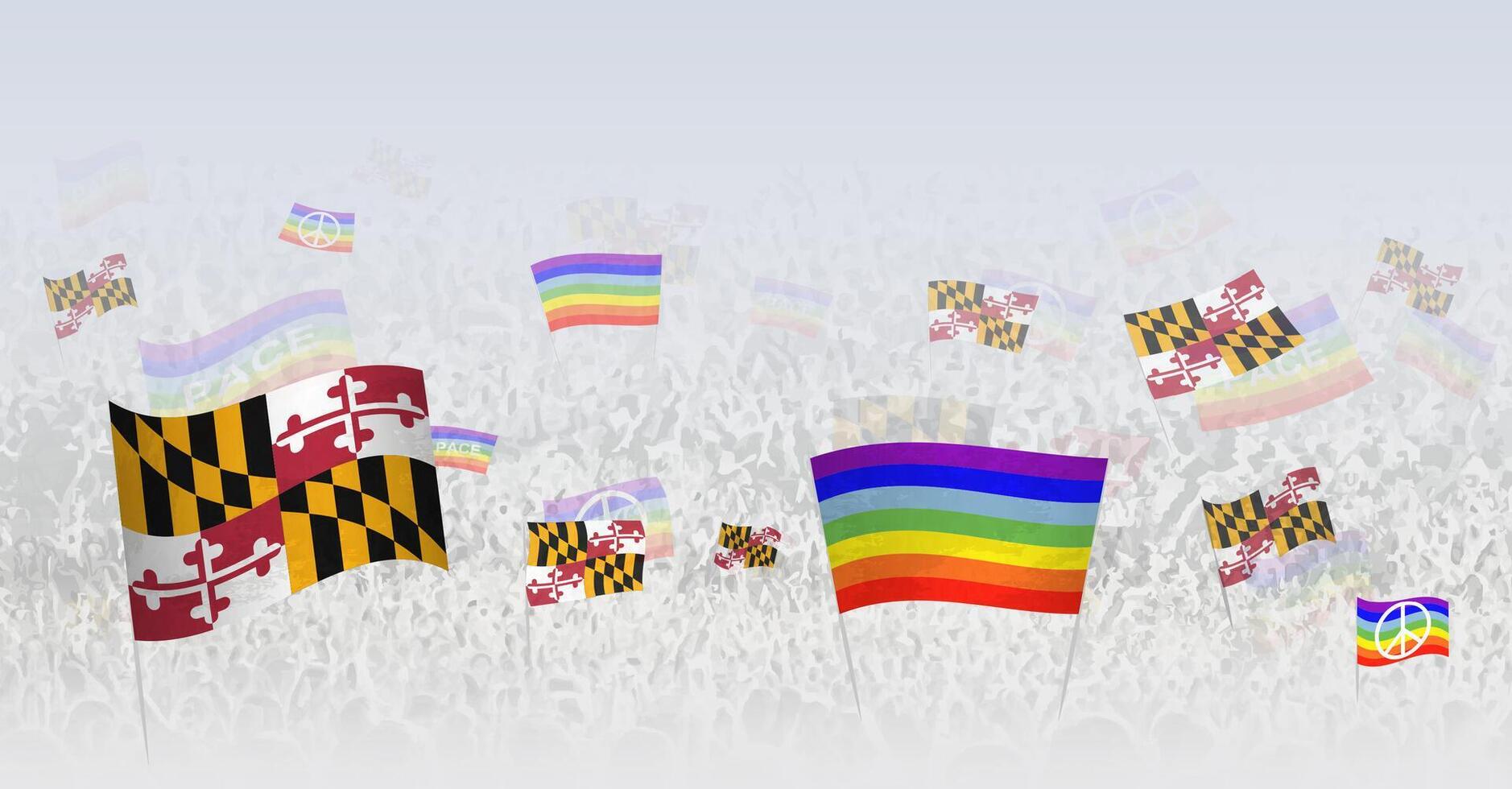 People waving Peace flags and flags of Maryland. Illustration of throng celebrating or protesting with flag of Maryland and the peace flag. vector