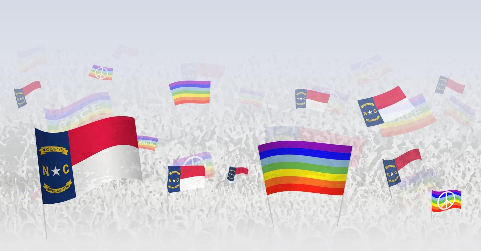 People waving Peace flags and flags of North Carolina. Illustration of throng celebrating or protesting with flag of North Carolina and the peace flag. vector
