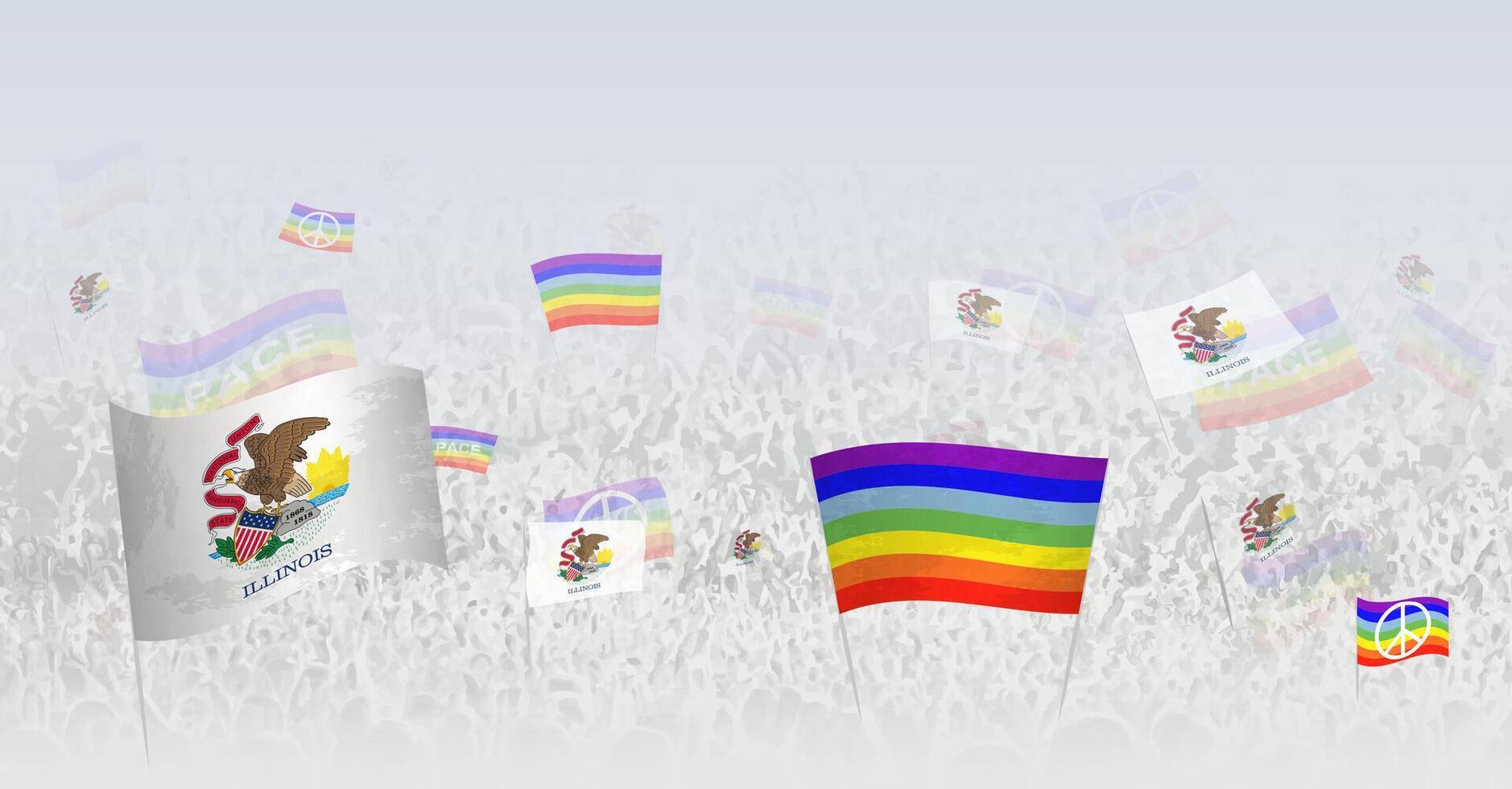 People waving Peace flags and flags of Illinois. Illustration of throng celebrating or protesting with flag of Illinois and the peace flag. vector