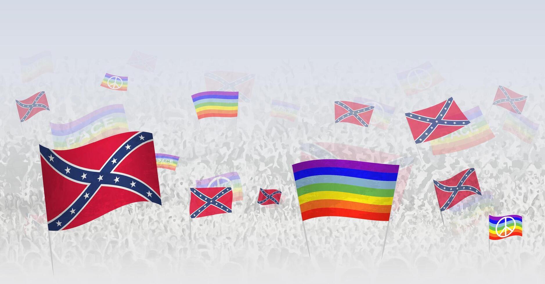 People waving Peace flags and flags of Confederate. Illustration of throng celebrating or protesting with flag of Confederate and the peace flag. vector