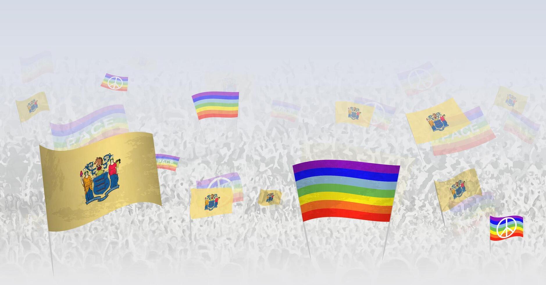 People waving Peace flags and flags of New Jersey. Illustration of throng celebrating or protesting with flag of New Jersey and the peace flag. vector