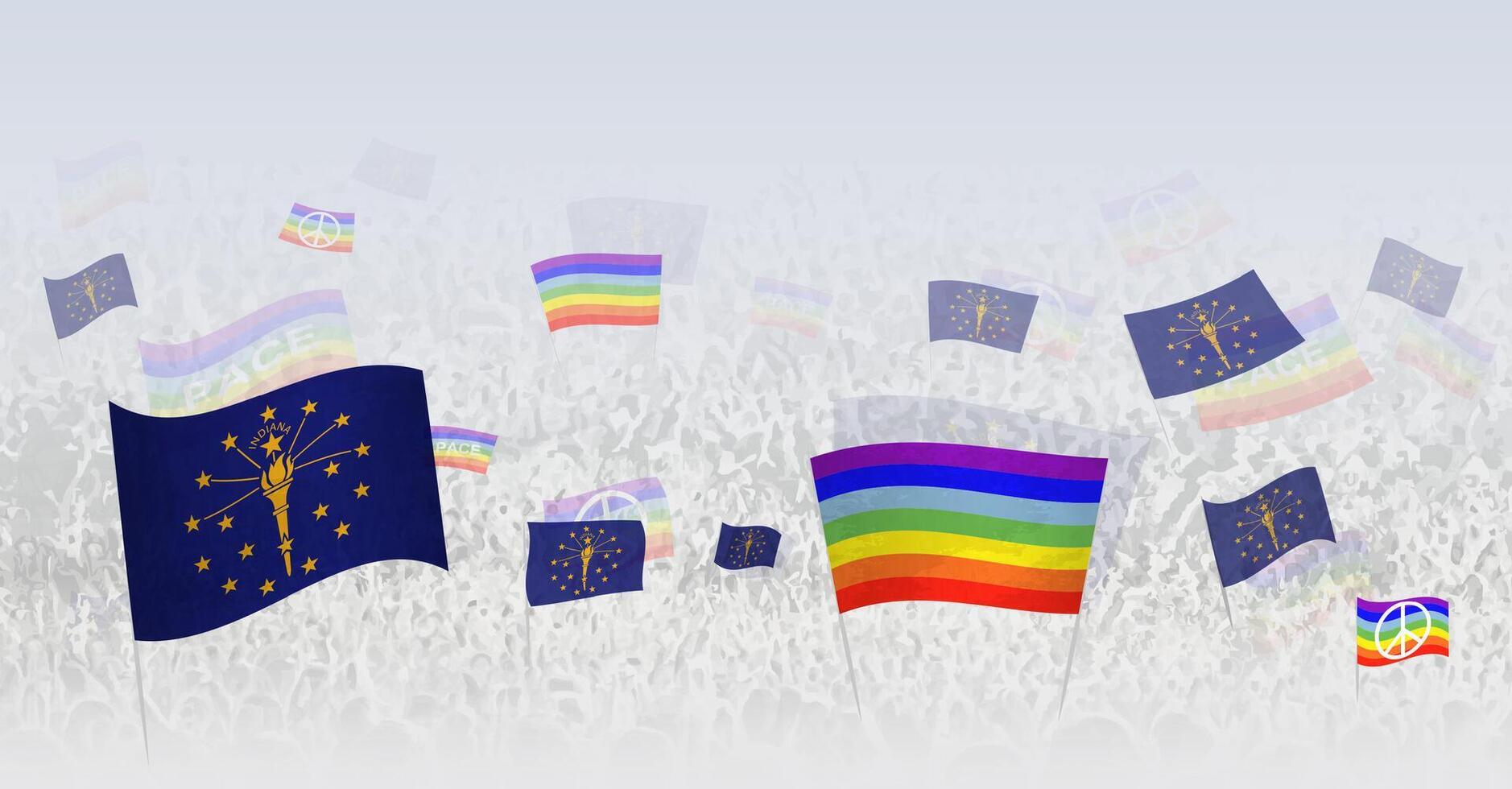 People waving Peace flags and flags of Indiana. Illustration of throng celebrating or protesting with flag of Indiana and the peace flag. vector