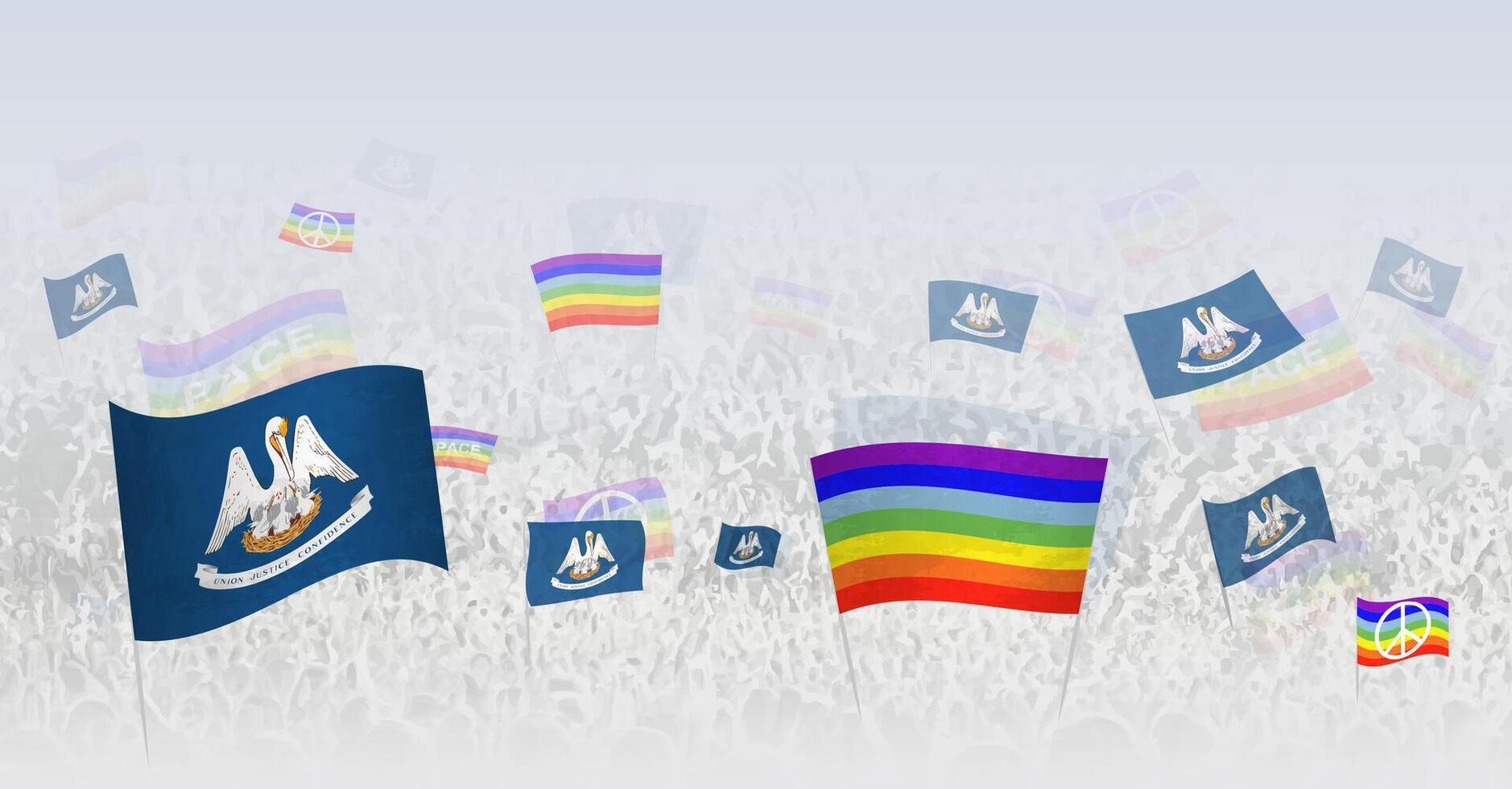 People waving Peace flags and flags of Louisiana. Illustration of throng celebrating or protesting with flag of Louisiana and the peace flag. vector