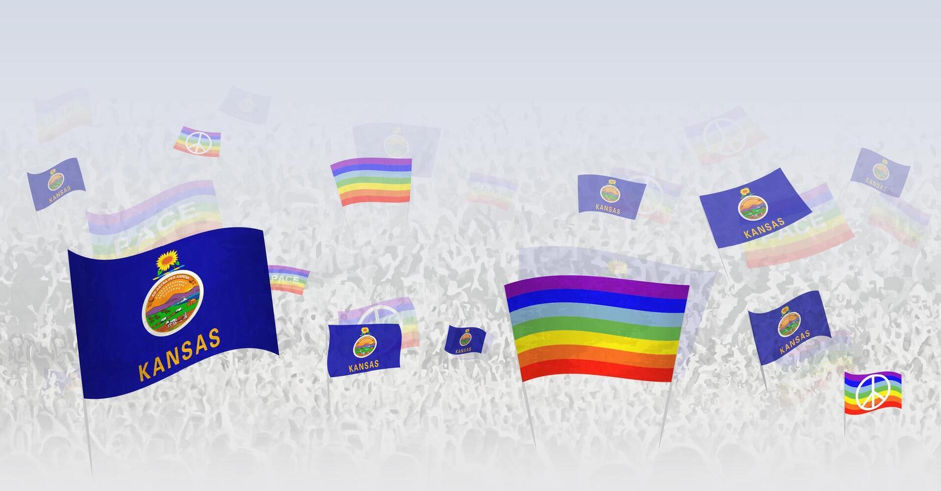 People waving Peace flags and flags of Kansas. Illustration of throng celebrating or protesting with flag of Kansas and the peace flag. vector