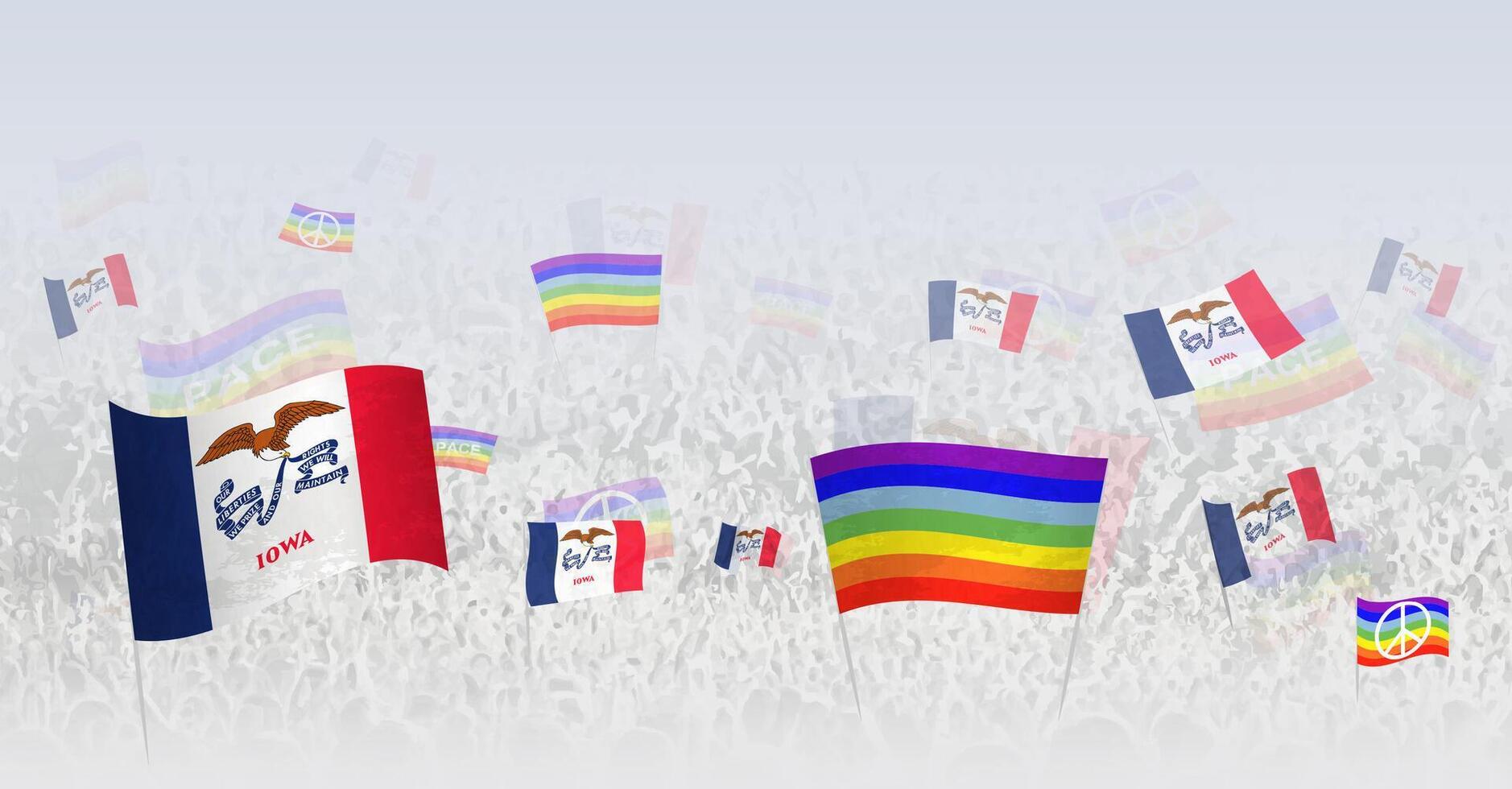 People waving Peace flags and flags of Iowa. Illustration of throng celebrating or protesting with flag of Iowa and the peace flag. vector