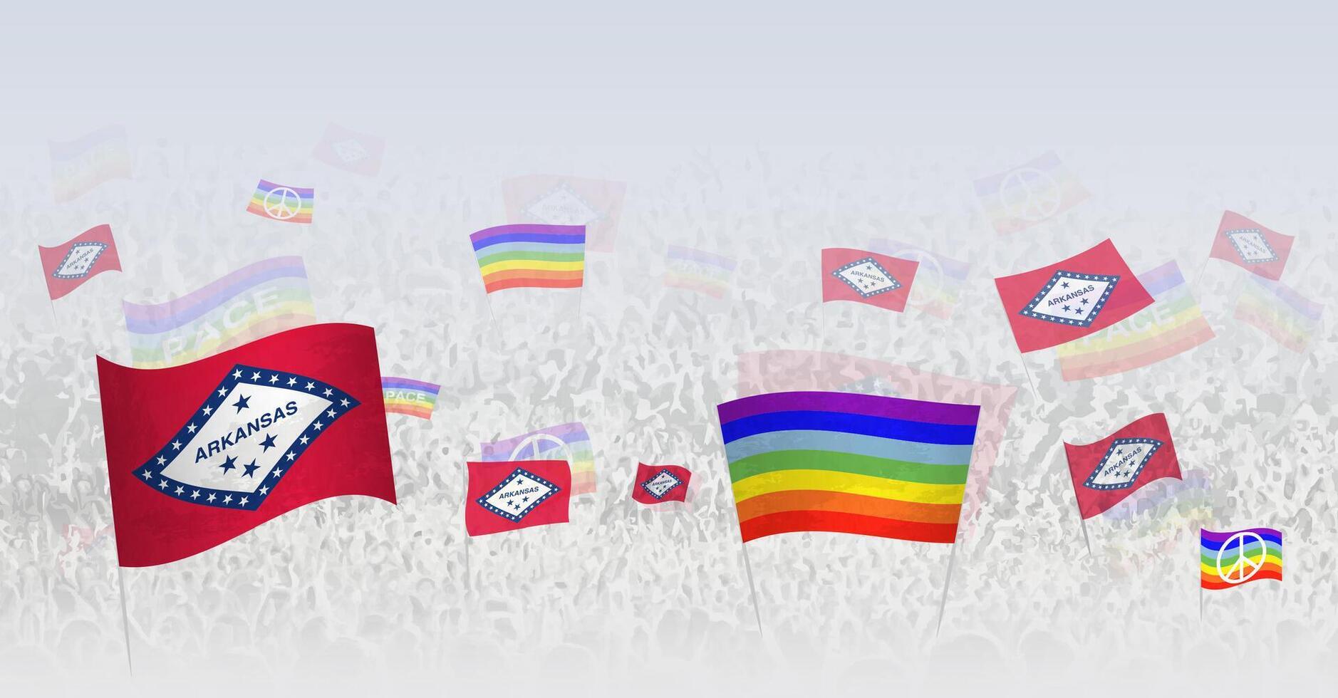 People waving Peace flags and flags of Arkansas. Illustration of throng celebrating or protesting with flag of Arkansas and the peace flag. vector