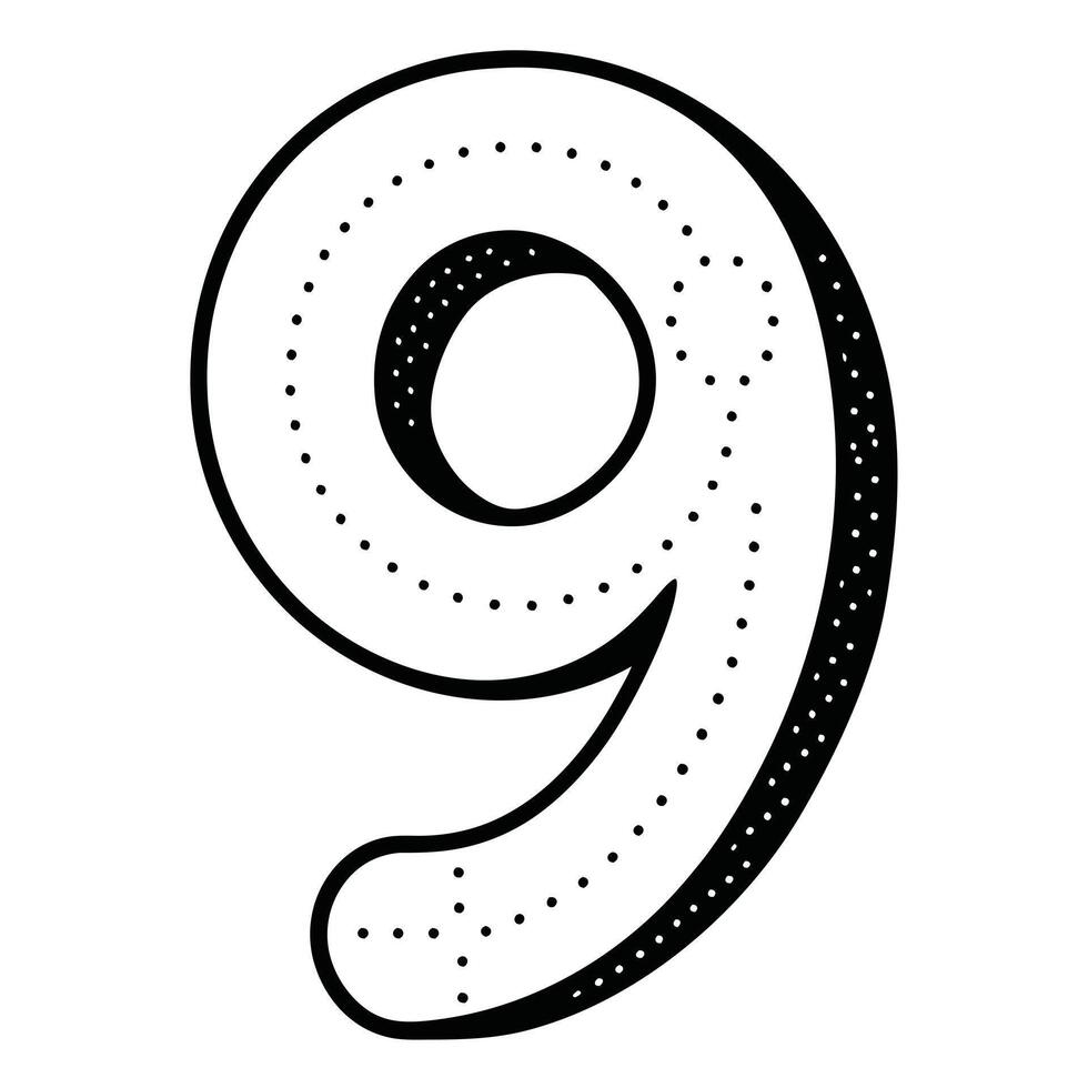 a minimalistic traced number 9 letter having dotted outline on white background vector