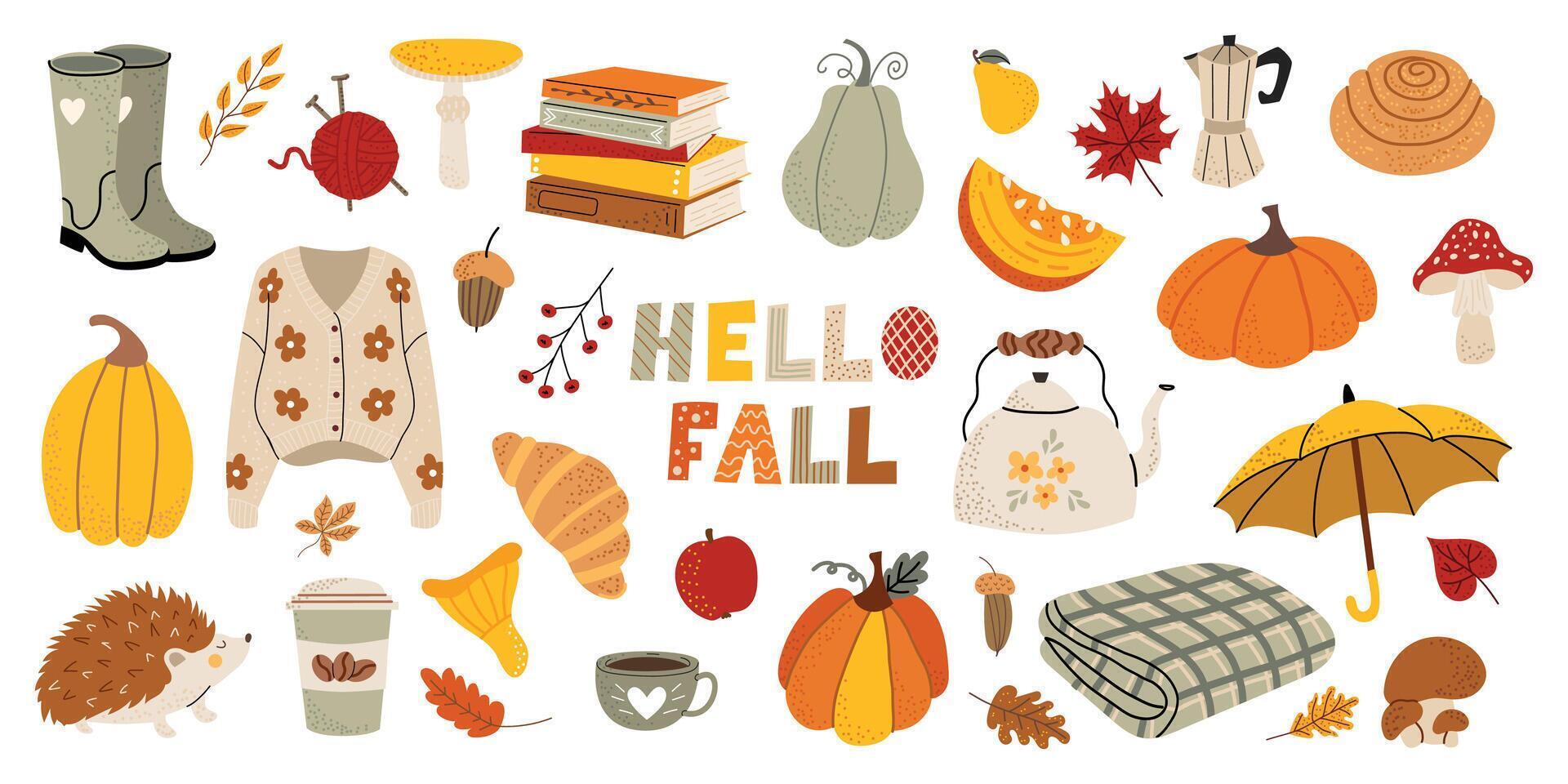 Large fall set. Autumn season. Cozy sweater, pumpkin, mushroom, coffee, books, hedgehog, umbrella, leaves, acorns. Collection of fall elements for scrapbooking. Hand drawn style. Banner, poster vector