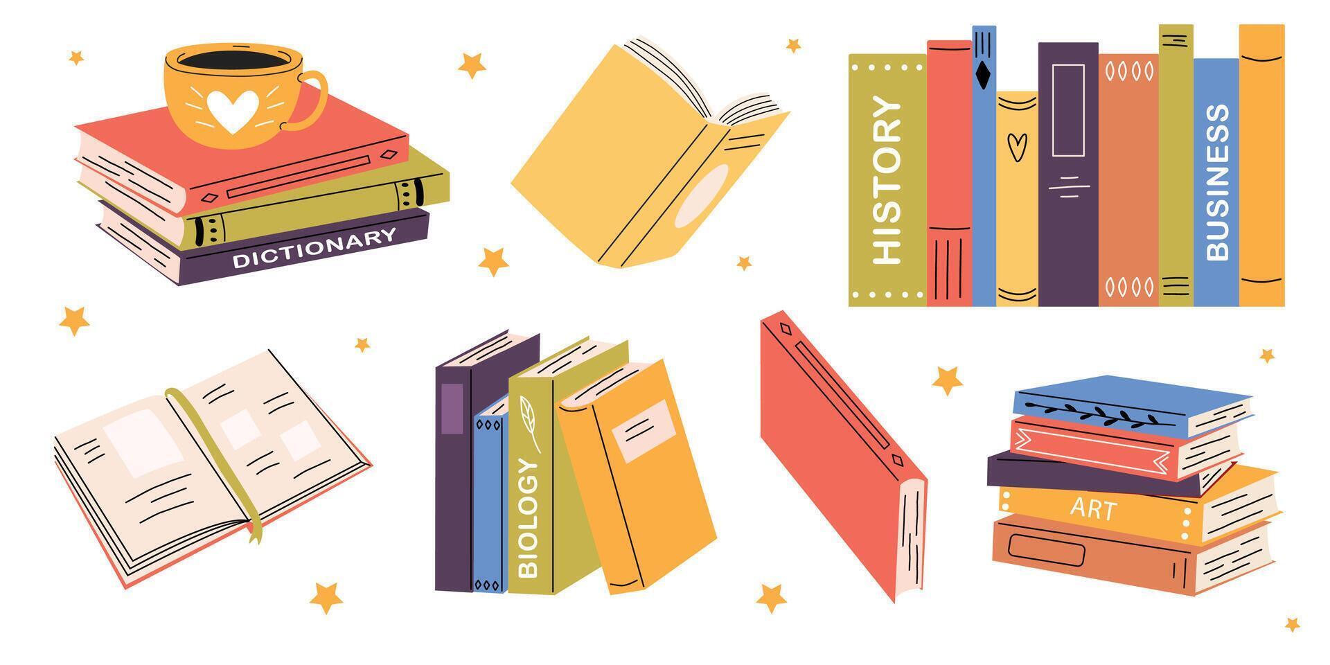 Cute book collection. Different stacks of books, open books. Educational theme. White isolated background. vector