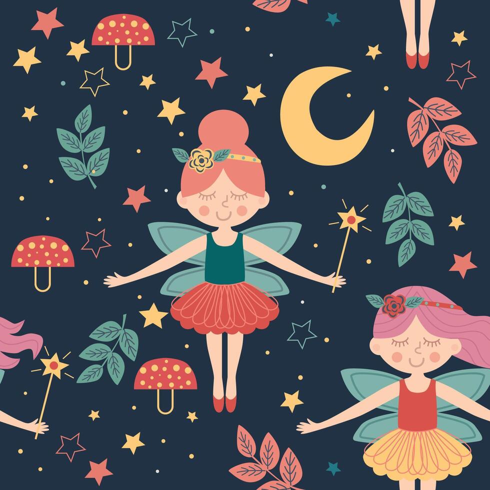 Seamless pattern with fairy moon leaves mushrooms vector