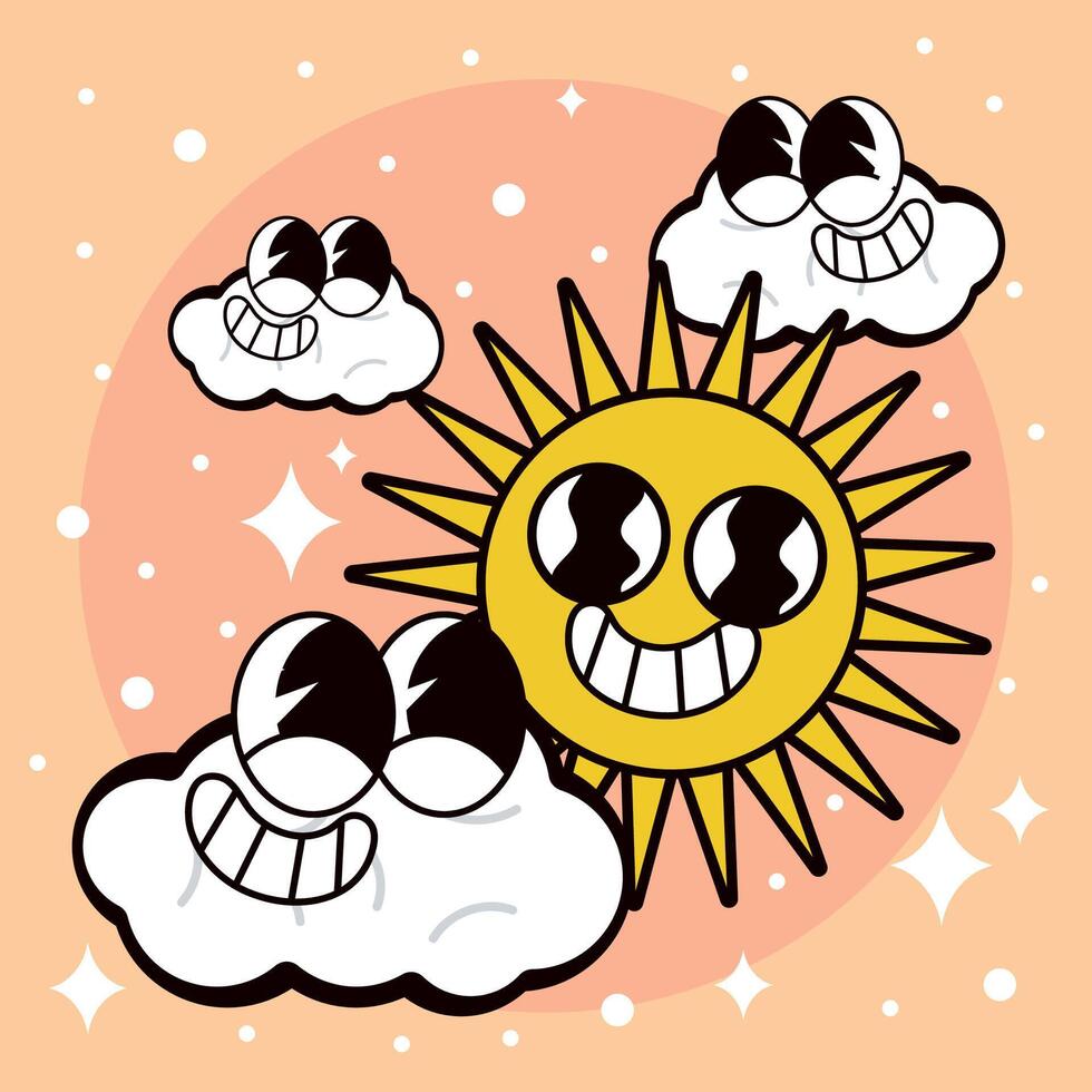 Sun and clouds groovy cartoon character vector