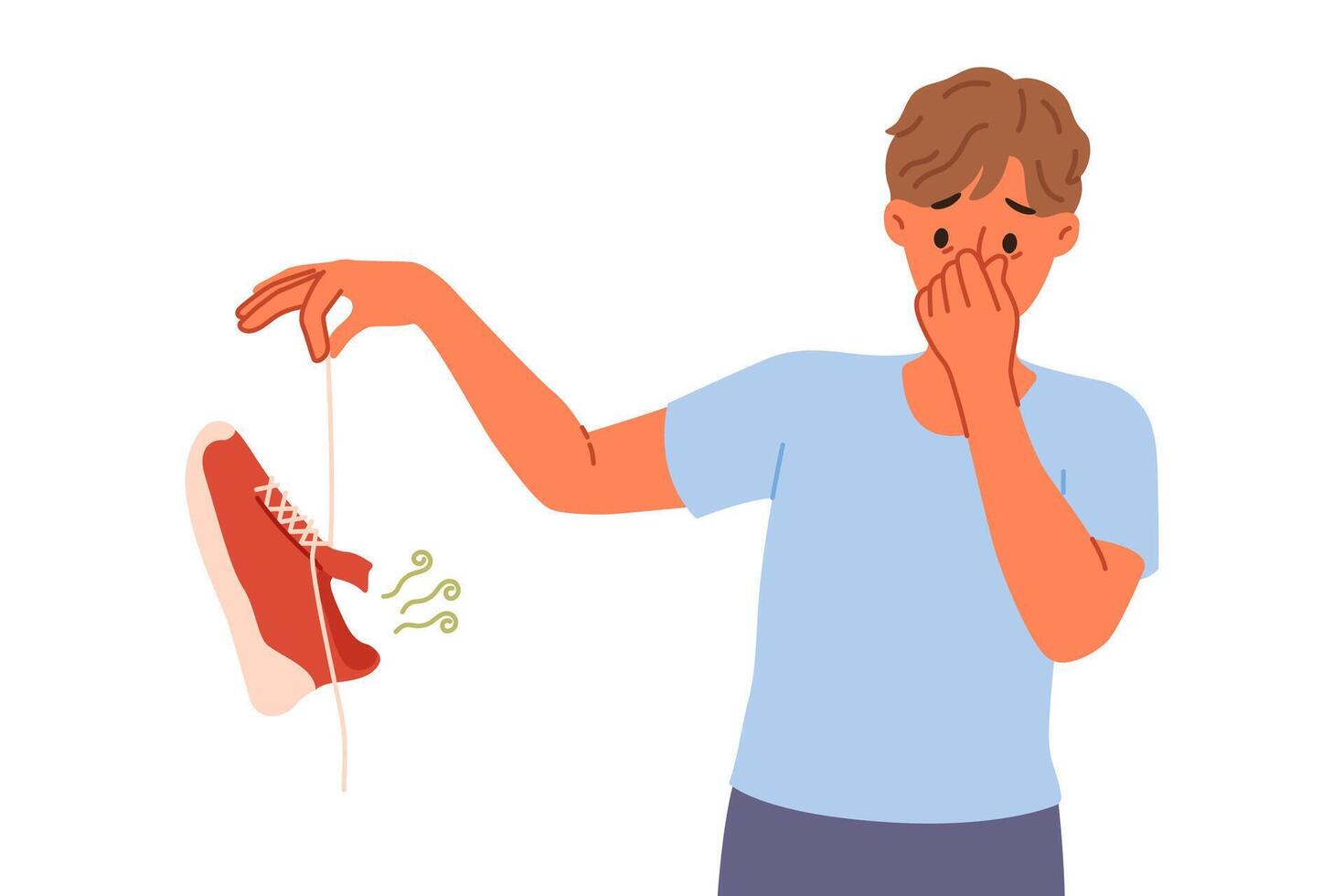 Man suffers from onychomycosis and stinky feet, covers nose with hands and holds stinky shoe vector