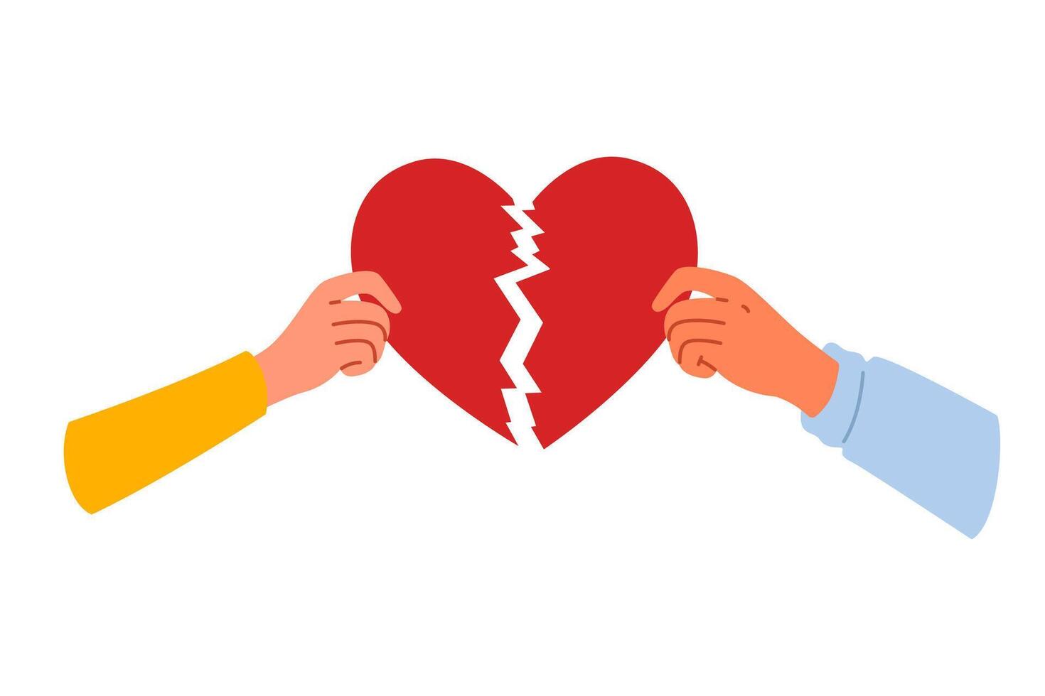 Broken heart symbolizing separation and destruction of relationships in hands of people vector