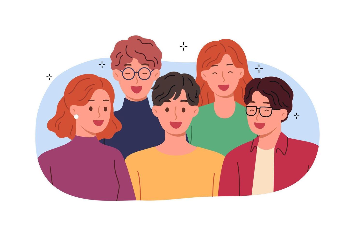 Laughing people students pose together for joint portrait, dressed in casual clothes vector
